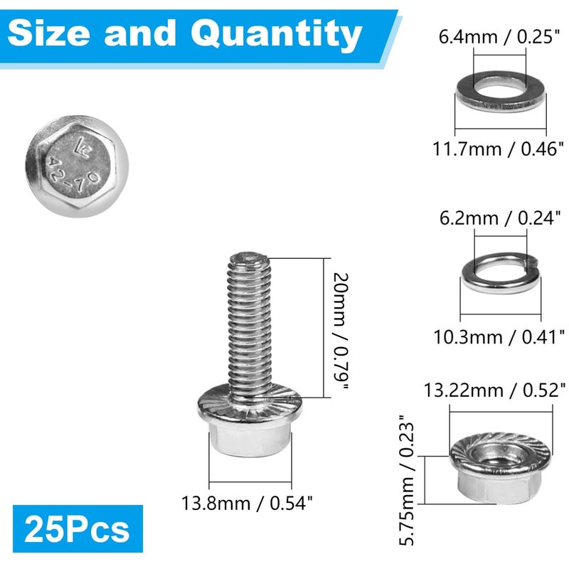 Yinpecly 25 Sets M6-1.0 x 20mm Flanged Hex Head Bolts Kits, M6 Flange Hexagon Screws and Nuts,Flat & Spring Lock Washers,18-8 (304) Stainless Steel,Metric Bolt Assortment, Fully Threaded - Image 2